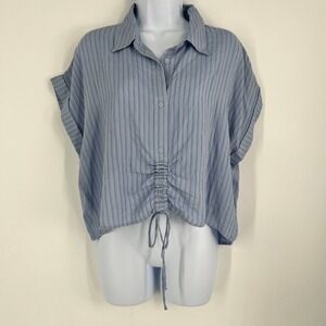 Express Blue Striped Ruched Front Button Down Cropped Shirt Womens Small